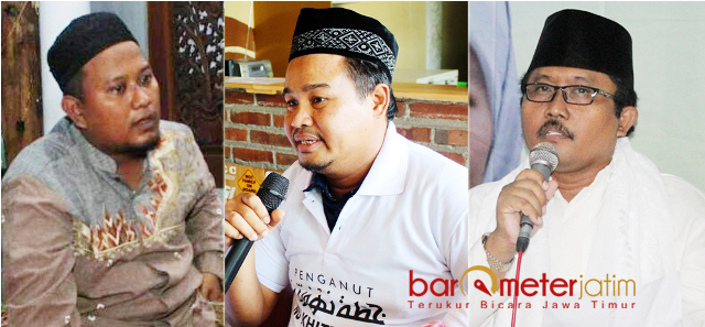 KRITISI PERNYATAAN 'TENDENSIUS': (Dari kiri) Abdul Muiz Aziz, Gus Ali Azhar, KH Mukhlis Muksin. Ramai-ramai sesalkan pernyataan tendensius Ketua Tanfidziyah PWNU Jatim, KH Mutawakkil Alallah. | Foto: Barometerjatim.com/ROY HASIBUAN