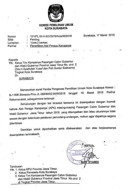 PERINTAH PENURUNAN APK: Surat KPU Surabaya untuk tim Gus Ipul-Puti terkait perintah penurunan APK. | Foto: Barometerjatim.com/ABDILLAH HR