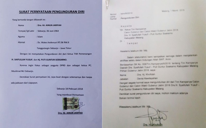 TINGGALKAN GUS IPUL: Surat pengunduran diri Ainun Jariyah (kiri) dari ketua tim pemenangan, Khofidah dari jurkam Saifullah-Puti. | Foto: Ist