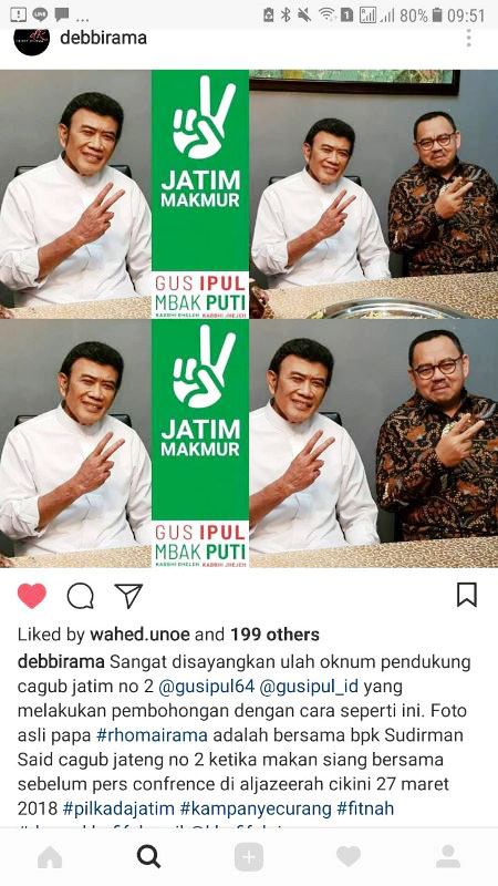 FOTO EDITAN: Debby Irama, lewat akun Instagram meluruskan foto editan Rhoma Irama yang dikesankan mendukung Gus Ipul-Puti. | Foto: Capture Instagram