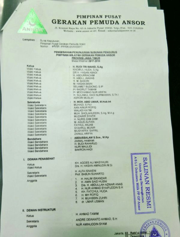 PENGURUS HASIL SK PENUNJUKAN: Susunan pengurus PW GP Ansor Jatim hasil SK penunjukan yang berakhir Februari 2018. | Foto: Ist