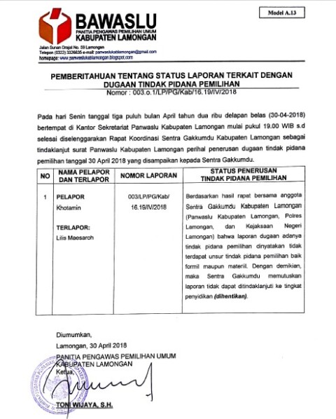 TAK ADA PIDANA PEMILU: KPU Lamongan mengeluarkan surat terkait putusan Sentra Gakkumdu yang mementahkan tuduhan untuk tim Khofifah-Emil. | Foto: Ist