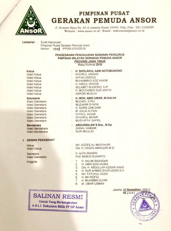 KETUA BARU ANSOR JATIM: Pengesahan penunjukkan susunan PW GP Ansor Jatim masa khidmat 2018. | Foto: Ist