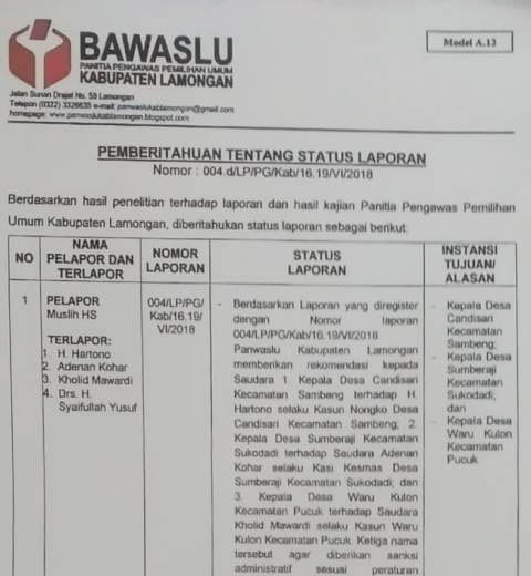 REKOMENDASI PANWASLU: Rekomendasi Panwaslu Lamongan terkait laporan dugaan money politic dan pelanggaran kampanye. | Foto: Barometerjatim.com/HAMIM ANWAR