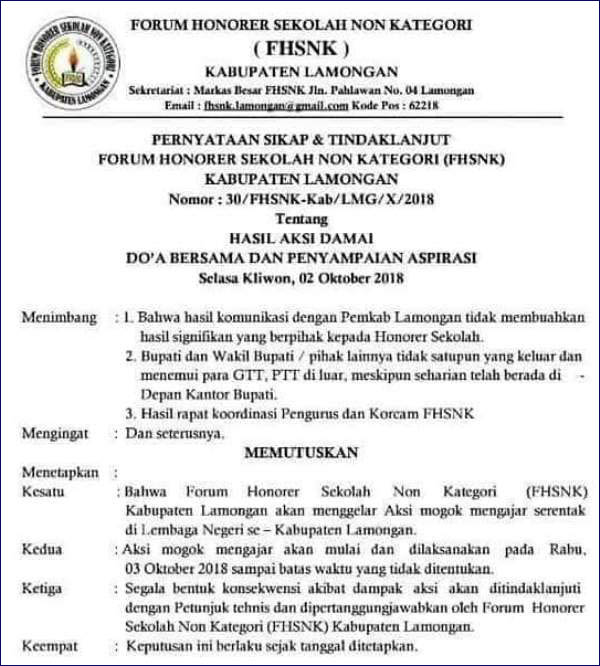 SERUAN MOGOK: Seruan mogok mengajar bagai honorer GTT-PTT se-Kabupaten Lamongan yang dikeluarkan FHSNK. | Foto: Barometerjatim.com/HAMIM ANWAR