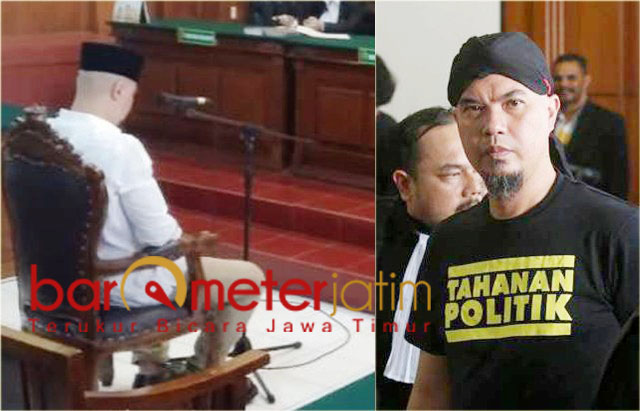 Dhani jalani sidang kedua (kiri) dan saat sidang pertama (kanan). | Foto: Barometerjatim.com/natha lintang/ist