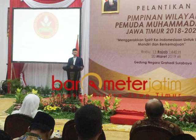 Saad Ibrahim pidato di acara pelantikan Pemuda Muhammadiyah Jatim. | Foto: Barometerjatim.com/roy hs