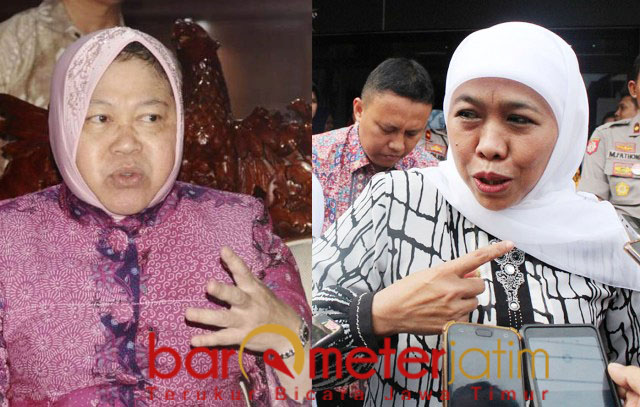 Khofifah (kanan) sarankan Risma judicial review ke MK soal pengelolaan SMA/SMK | Foto: Barometerjatim.com/roy hs