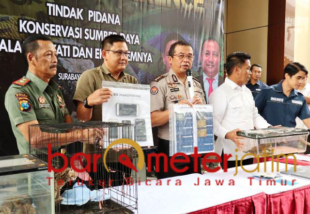 Polda Jatim menunjukkan satwa dilindungi yang akan diperdagangkan. | Foto: Barometerjatim.com/natha lintang