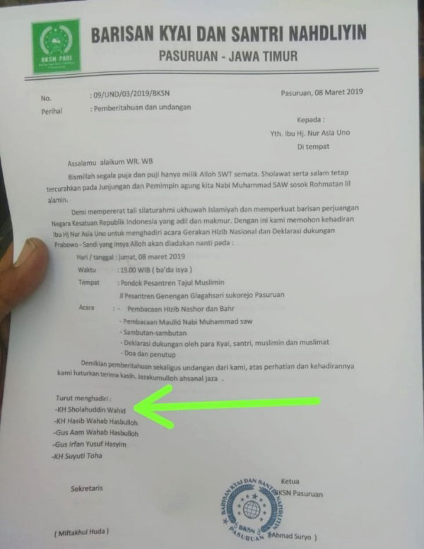 Hoax! Beredar surat mencantumkan nama Gus Sholah hadiri Gerakan Hizib Nasional. | Foto: Ist