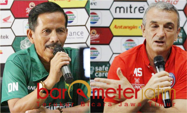 Djajang Nurjaman (kiri) dan Milo Sisilija, kecewa dengan hasil 2-2. | Foto: Barometerjatim.com/dani iqbaal