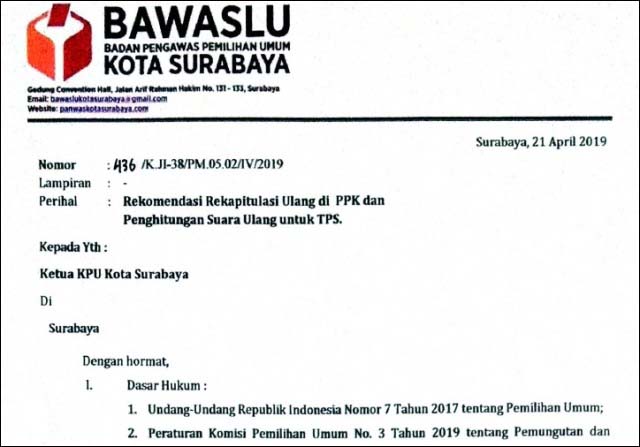 Bawaslu Surabaya merekomendasikan rekapitulasi ulang di PPK dan penghitungan suara ulang untuk TPS. | Foto: Ist