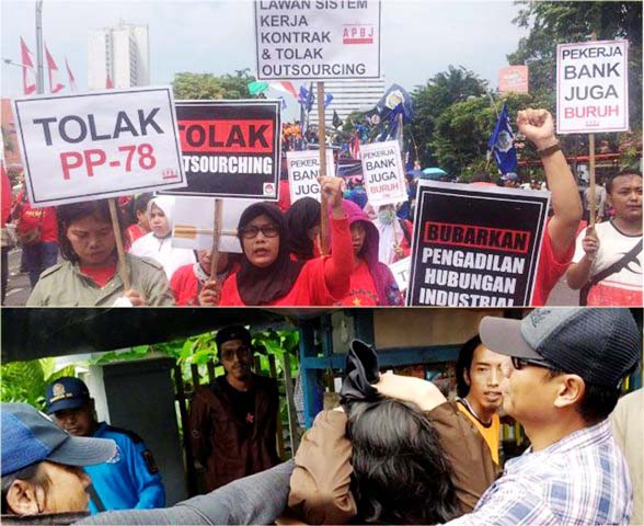 May Day di depan Grahadi (atas) dan massa jaket hoodie bikin ricuh. | Foto: Barometerjatim.com/nantha lintang