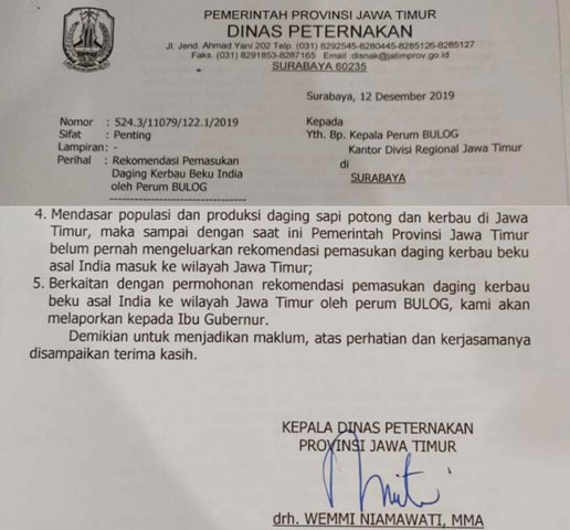 TEGAS: Balasan surat Disnak ke Perum Bulog, tolak daging kerbau India. | Foto: Barometerjatim.com/ABDILLAH HR