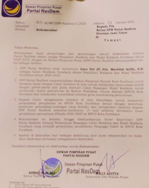 MASA BERLAKU: Rekomendasi Nasdem untuk Machfud Arifin ada masa berlakunya. | Foto: Barometerjatim.com/ROY HS