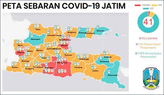 KIAN MELUAS: Peta penyebaran Covid-17 di Jatim hingga Senin, 23 Maret 2020 pukul 17.00 WIB. | Grafis: Pemprov Jatim