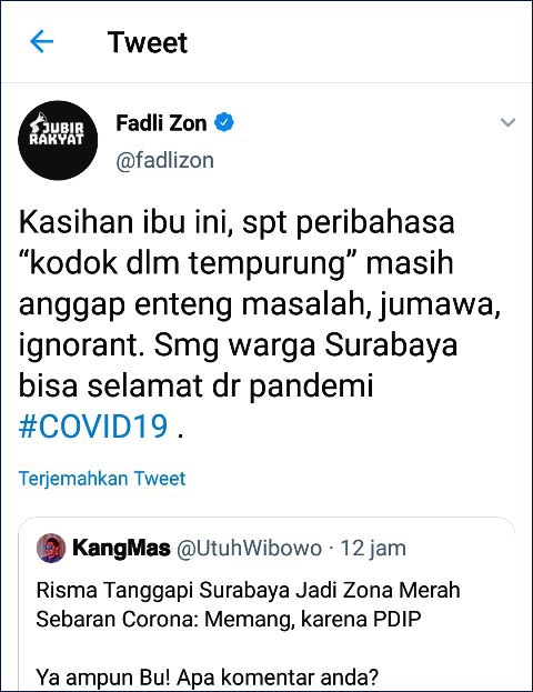 SINDIR RISMA: Cuitan Fadli Zon tanggapi candaan Risma soal Corona. | Foto: Capture Twitter