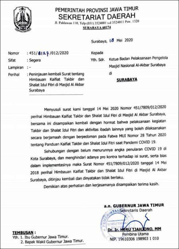 CABUT SURAT: Surat pencabutan imbauan shalat Idul Fitri di Masjid Al Akbar. | Foto: Barometerjatim.com/ROY HS