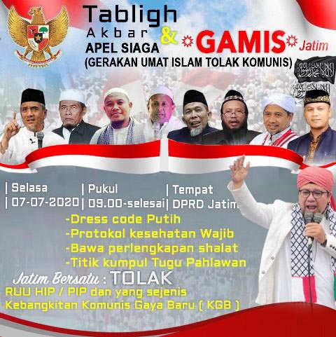 TOLAK RUU HIP: Poster rencana tabligh akbar tolak RUU HIP depan Gedung DPRD Jatim, Selasa (7/7/2020) pagi ini. | Foto: IST