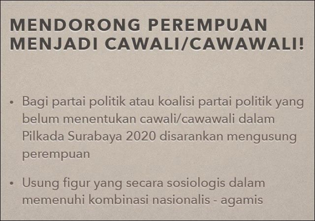 CAWAWALI PEREMPUAN: Calon wali kota di Pilwali Surabaya disarankan gandeng calon perempuan. | Foto: Index Indonesia
