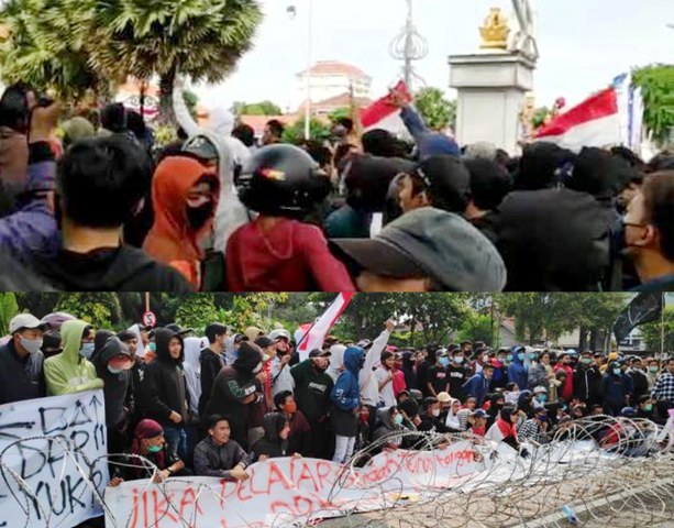 TEROBOS GRAHADI: Massa penolak UU Omnibus Law berusaha menerobos masuk Gedung Negara Grahadi. | Foto: Barometerjatim.com/ABDILLAH HR