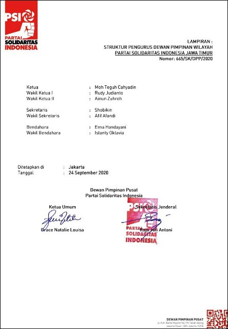 WENDI TAK LAGI PENGURUS: Pengurus DPW PSI Jatim, tak ada nama Wendi Arifiyanto. | Foto: Barometerjatim.com/IST