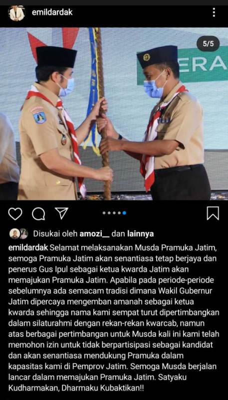 PAMIT TAK MAJU: Emil Dardak menyatakan tak maju pemilihan ketua Paramuka Jatim lewat akun IG-nya| Foto: Akun IG Emil Dardak