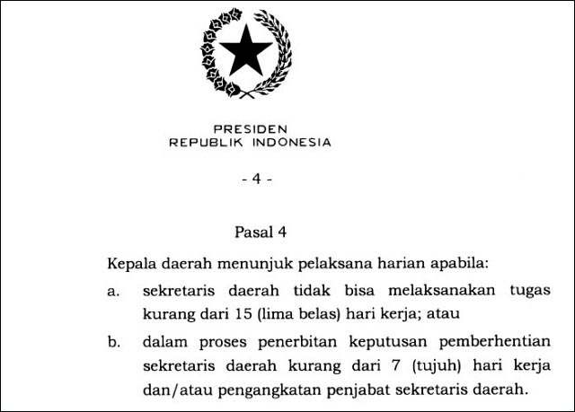 PENUNJUKAN PLH: Pasal 4 Perpres No 3 Tahun 2018 tentang Pejabat Sekda terkait penunjukan Pelaksana Harian. | Foto: IST