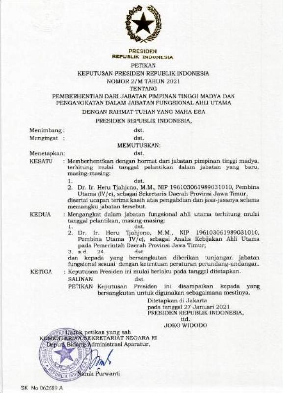 PEJABAT FUNGSIONAL: SK Presiden RI terkait Heru Tjahjono sebagai pejabat fungsional ahli utama. | Foto: IST