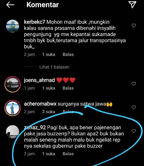 RAMAI PAKAI BUZZER: Komentar salah seorang netizen di kolom komentar salah satu postingan di IG KHofifah. | Foto IST/IG