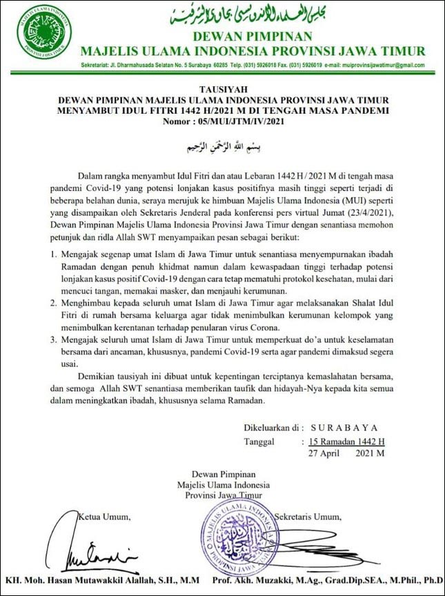 DI RUMAH SAJA: MUI Jatim mengimbau shalat Idul Fitri dilakukan di rumah untuk menghindari penyebaran Covid-19. | Foto: MUI Jatim
