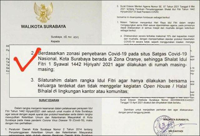 CEGAH PENULARAN CORONA: Surat Edaran Wali Kota Surabaya, minta shalat Idul Fitri digelar di rumah. | Foto: Barometerjatim.com/IST