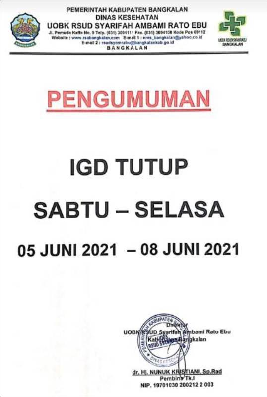 COVID-19 MEMBLUDAK: RSUD Syamrabu mengumumkan IGD lockdown 5 sampai 8 Juni 2021. | Foto: IST