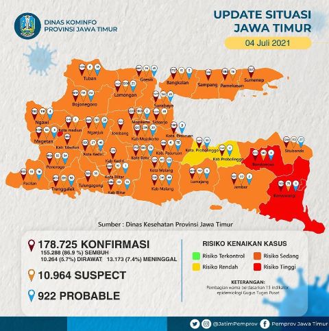 MAKIN MIRIS: Peta status zona Covid-19 di Jatim. Ada tambahan kasus baru 1.468 per Minggu (4/7/2021). | Sumber: Dinkes Jatim