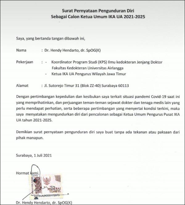 PILIH FOKUS COVID-19: Surat pernyataan pengunduran diri Hendy Hendarto dari pencalonan ketum IKA Unair. | Foto: IST