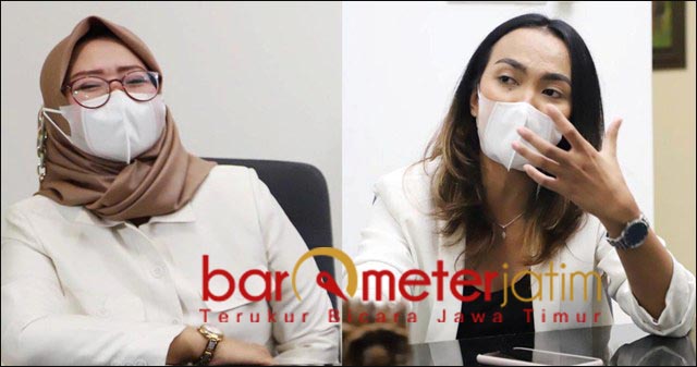 WUJUDKAN MANDAT: Nur Saidah (kiri) dan Sally Atyasasmi, siap penuhi target kursi satu perahu penuh. | Foto: Barometerjatim.com/ROY HS