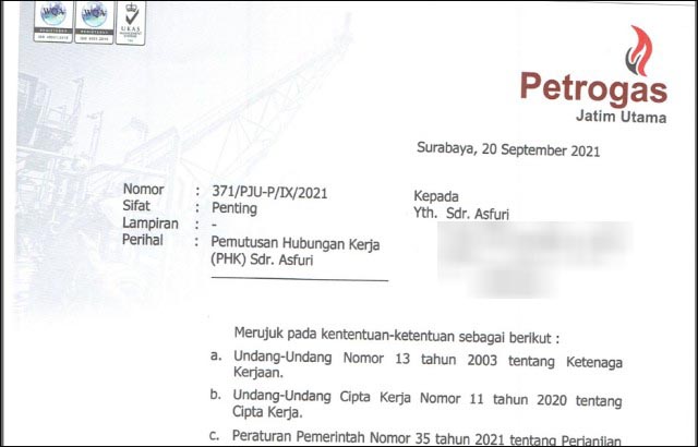 DIPECAT: Surat Pemutusan Hubungan Kerja(PHK) Asfuri yang diteken Plt Direktur PT PJU, Parsudi. | Foto: Dok. Asfuri