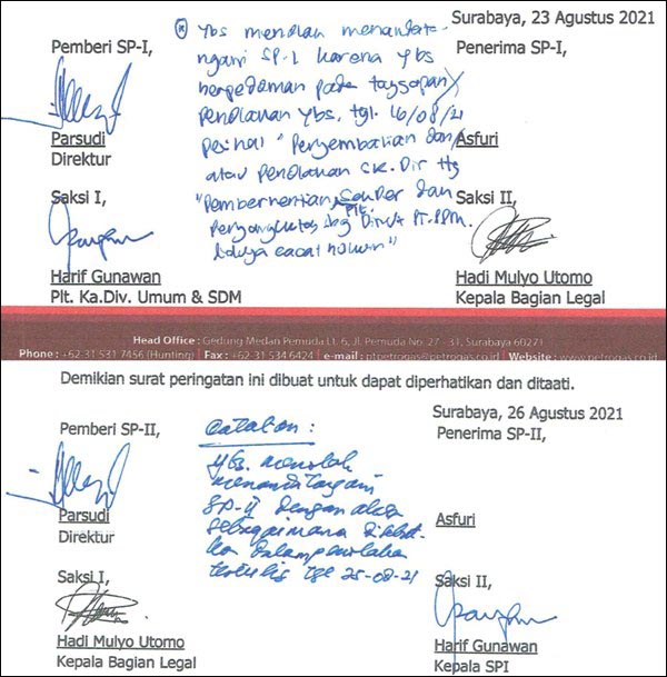 DIBERI SP I & II: Asfuri menolak SP I dan II dengan tidak mau memberikan tanda tangan di kolom penerima. | Data: IST