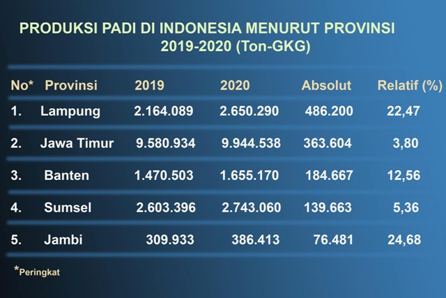 KALAH DARI LAMPUNG: Peningkatan produksi padi sepanjang 2019-2020, Jatim masih kalah dari Lampung. | Data: Distan Jatim