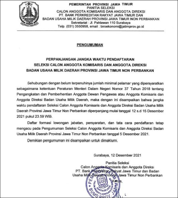 BERUBAH: Tahapan berubah setelah Pansel perpanjang pendaftaran seleksi komisaris-direksi PT PWU, PT PJU, dan PT AB. | Sumber: Biro Perekonomian