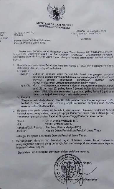 TERKONFIRMASI: Surat persetujuan Mendagri soal Pj Sekdaprov Jatim yang nomor dan tanggalnya dibenarkan BKD Jatim. | Foto: IST