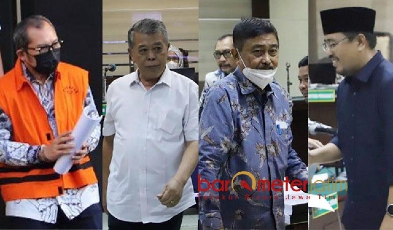 TERSANGKA: (Dari kiri) Sahat, Kusnadi, Iskandar, dan Sadad jadi saksi di sidang Sahat. | Foto: Barometerjatim.com/DOK