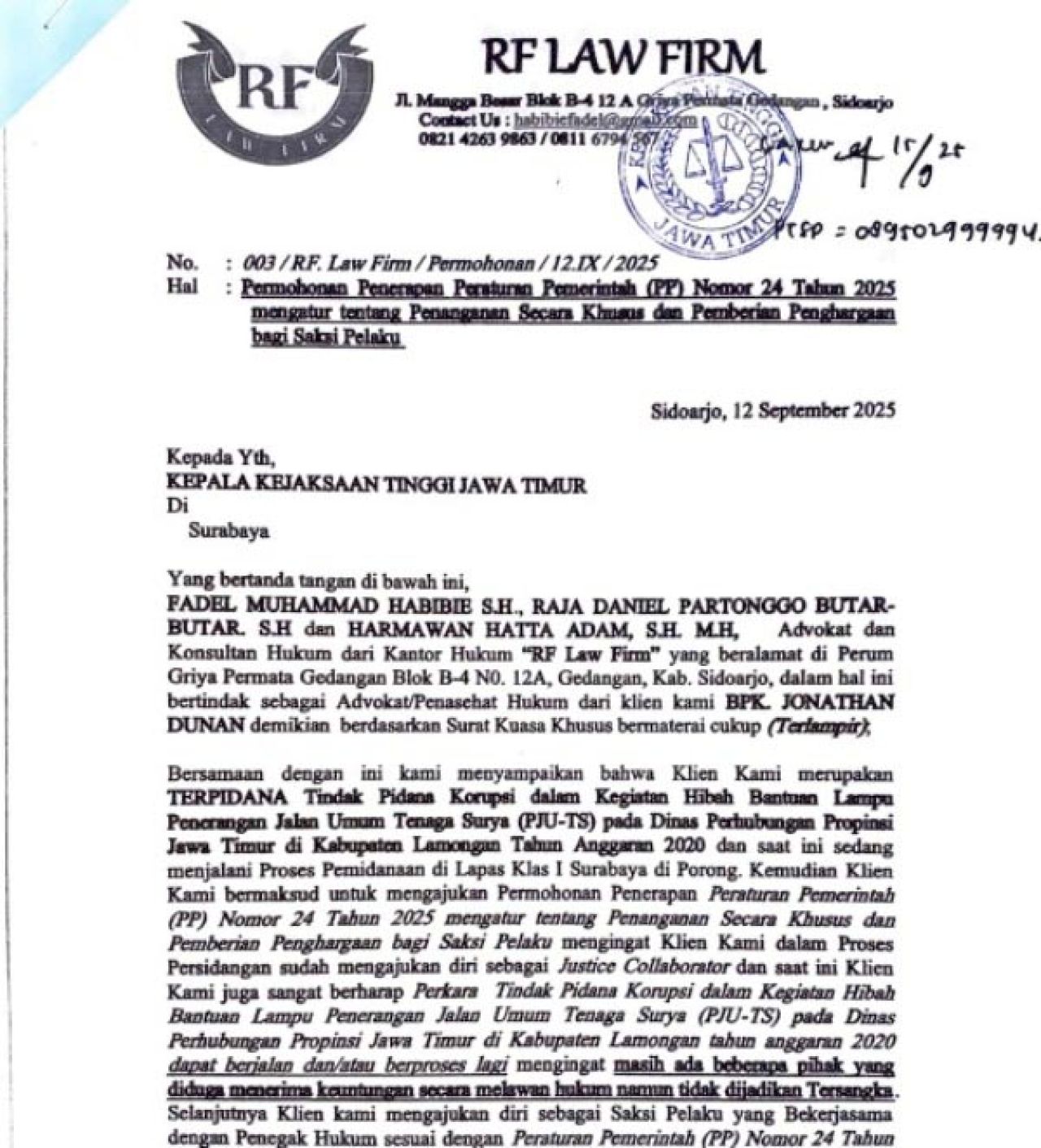 TANDA TERIMA: Surat pengajuan penerapan PP 24 Tahun 2025 untuk Jonathan Dunan diterima Kejati Jatim. | Foto: IST