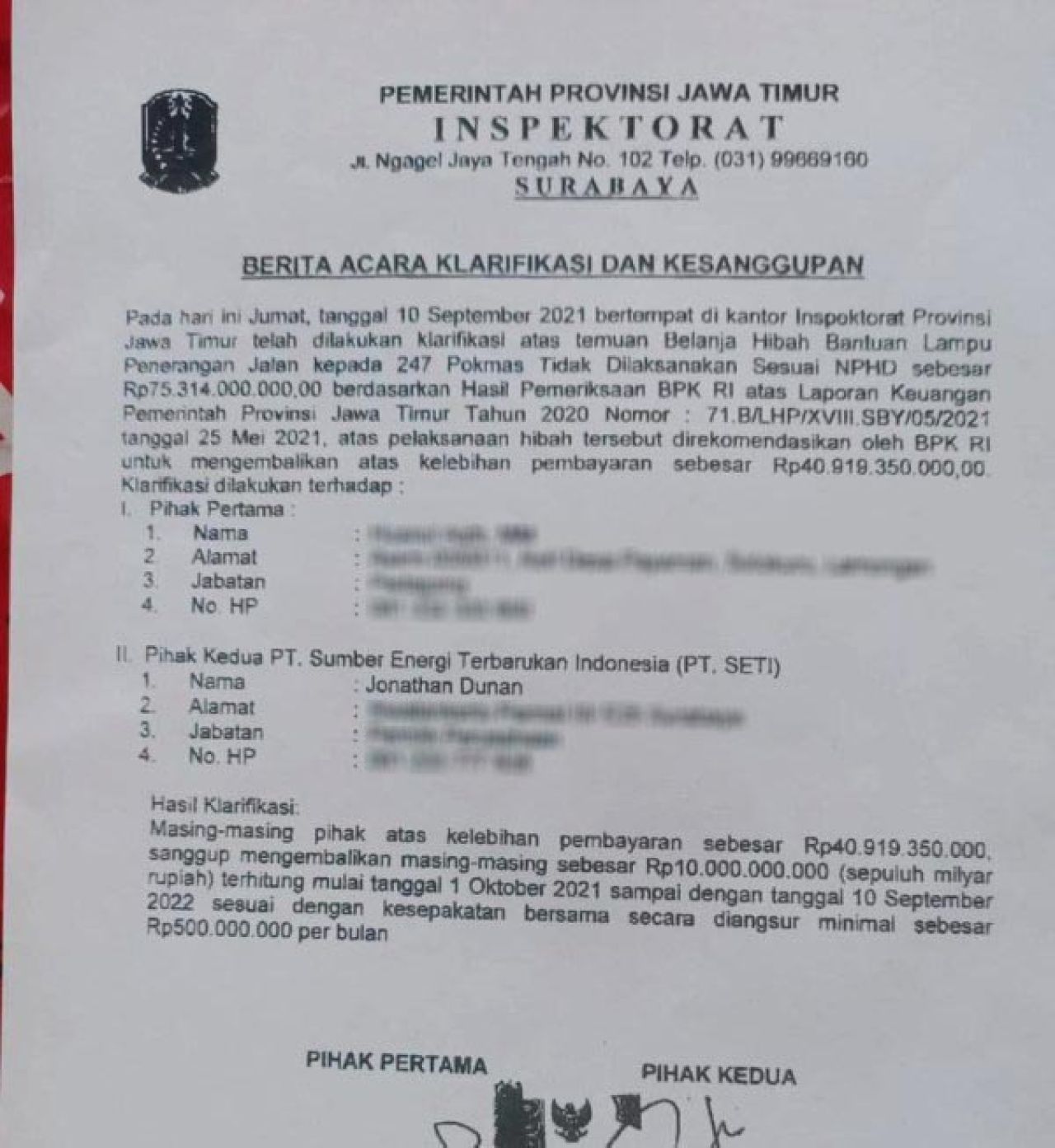 BERKOP INSPEKTORAT: Berita acara kesanggupan bayar masing-masing Rp 10 miliar yang diteken Jonathan dan HA. | Foto: IST