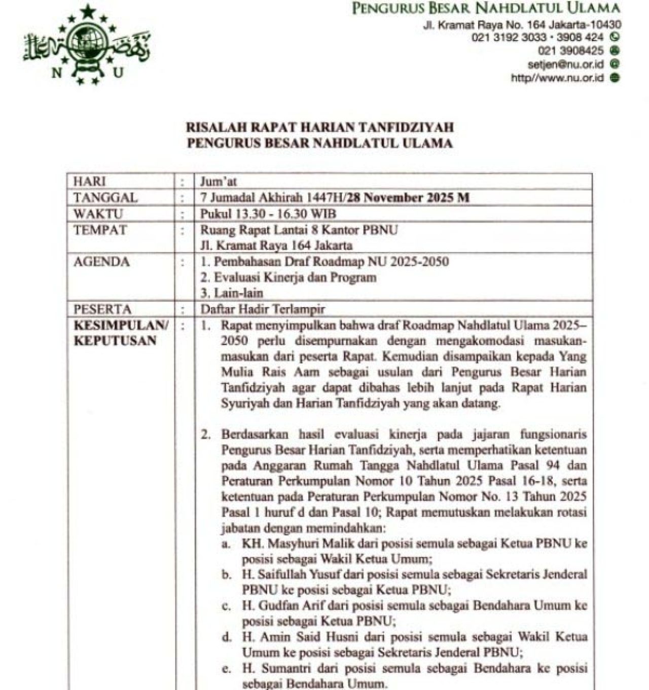 COPOT GUS IPUL: Risalah rapat harian tanfidziyah PBNU copot Gus Ipul dari Sekjen PBNU. | Foto: PBNU