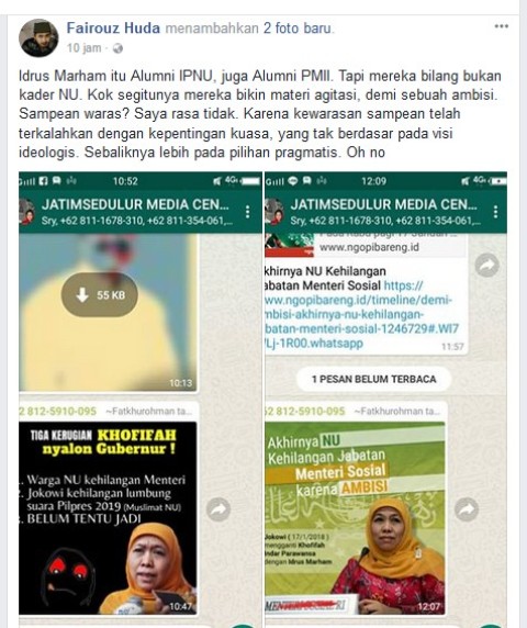 KHOFIFAH DAN NU DISERANG: Kalimat bernada serangan untuk Khofifah dan NU: Akhirnya NU Kehilangan Menteri Sosial karena Ambisi. Padahal Idrus Marham kader NU tulen. | Foto: Capture FB