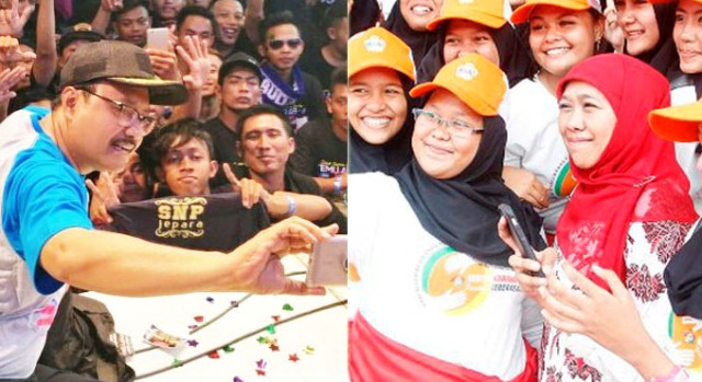 MENGAJAK DAN DIAJAK WEFIE : Saifullah Yusuf (foto kiri) 'sibuk' mengajak wefie, sementara Khofifah Indar Parawansa (foto kanan) disambut antusias serta ajakan ber-wefie ria. Keduanya akan 'bertarung' di Pilgub Jatim 2018. | Foto: IST dan Barometerjatim.com/MARIJAN AP