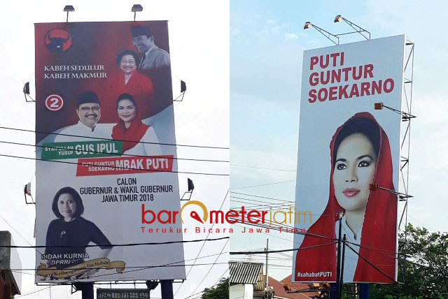 TAK KUNJUNG DIEKSEKUSI: APK liar bergambar Gus Ipul-Puti Guntur masih terpasang di sejumlah titik strategis di Surabaya. | Foto: Barometerjatim.com/ABDILLAH HR