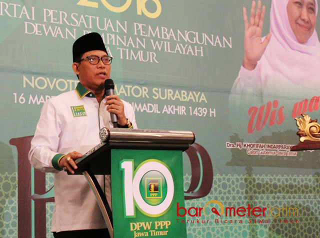 TOTAL DUKUNG KHOFIFAH-EMIL: Ketua DPW PPP Jatim, Musyaffa Noer. Kader PPP tak berkeringat memenangkan Khofifah-Emil bakal disanksi. | Foto: Barometerjatim.com/ROY HASIBUAN