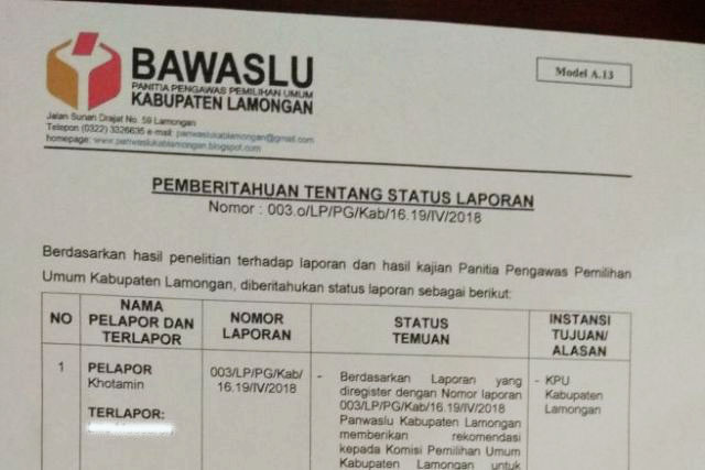 REKOMENDASI PANWASLU: Panwaslu Lamongan mengeluarkan tiga rekomendasi terkait laporan dugaan pelibatan PKH dalam Pilgub Jatim 2018. | Foto: Barometerjatim.com/ HAMIM ANWAR